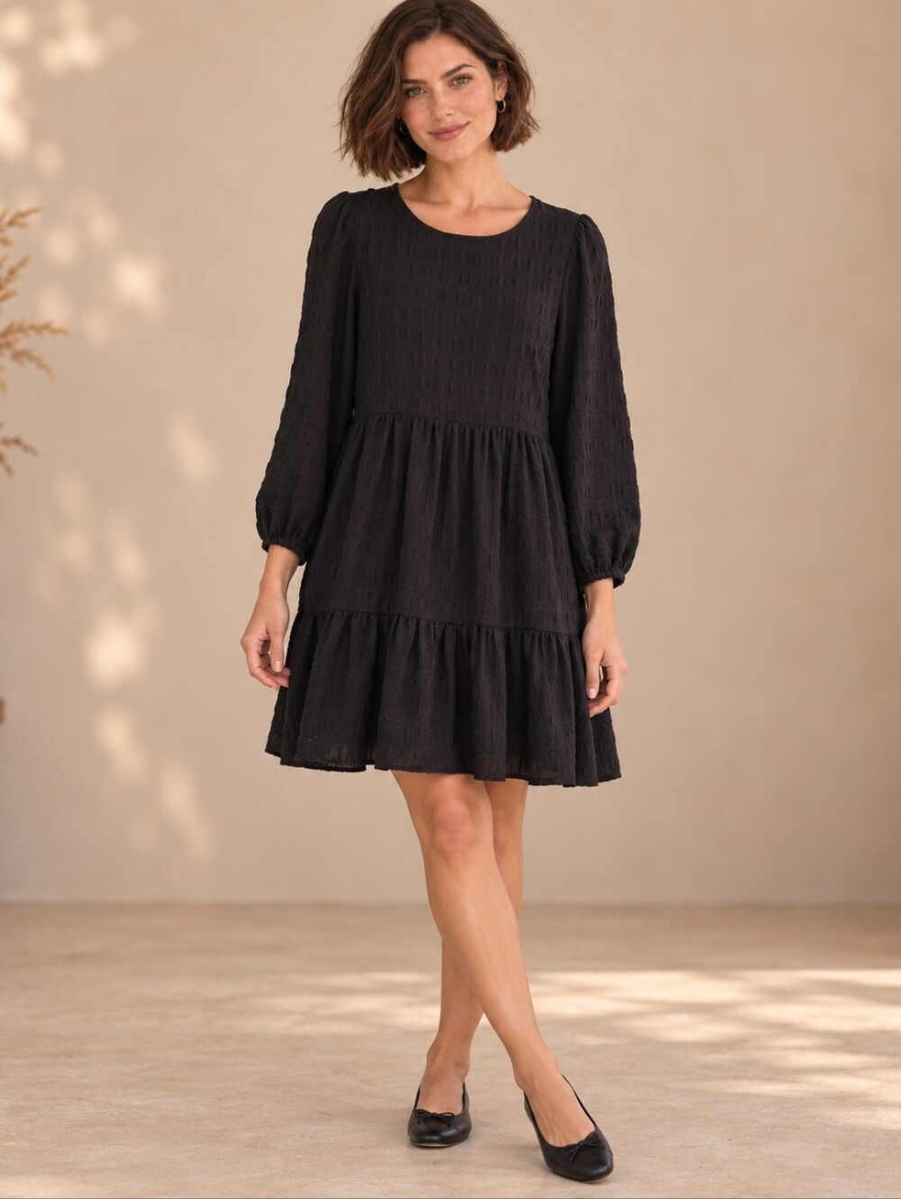 531.Madewell Black Tiered Mini Dress with Puff Sleeves